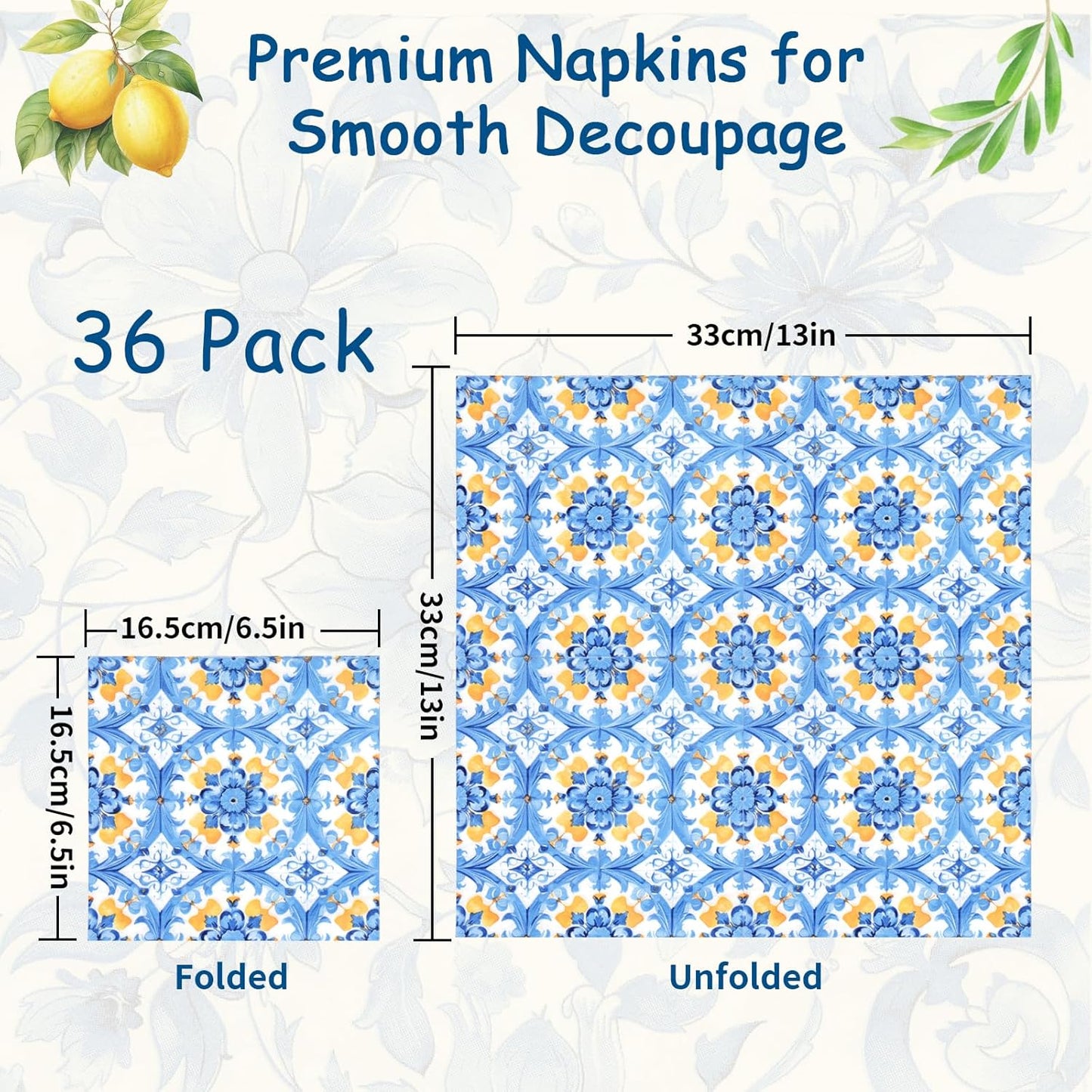 36pcs Mediterranean Decoupage Napkins – Mixed 9 Amalfi Coast Designs, 13x13 inch, Blue & Yellow Italian Lemon Tile Paper Napkins for Crafts, DIY, and Home Décor