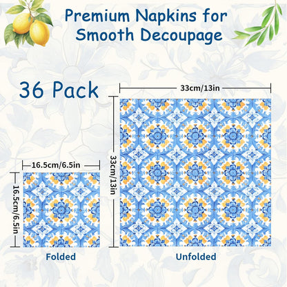 36pcs Mediterranean Decoupage Napkins – Mixed 9 Amalfi Coast Designs, 13x13 inch, Blue & Yellow Italian Lemon Tile Paper Napkins for Crafts, DIY, and Home Décor