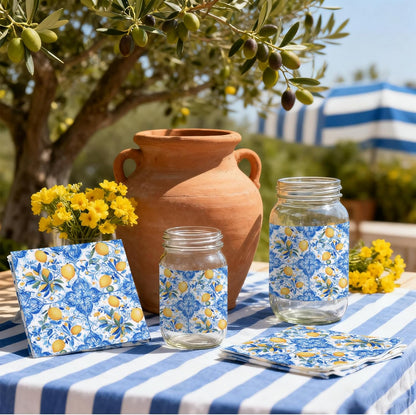 36pcs Mediterranean Decoupage Napkins – Mixed 9 Amalfi Coast Designs, 13x13 inch, Blue & Yellow Italian Lemon Tile Paper Napkins for Crafts, DIY, and Home Décor