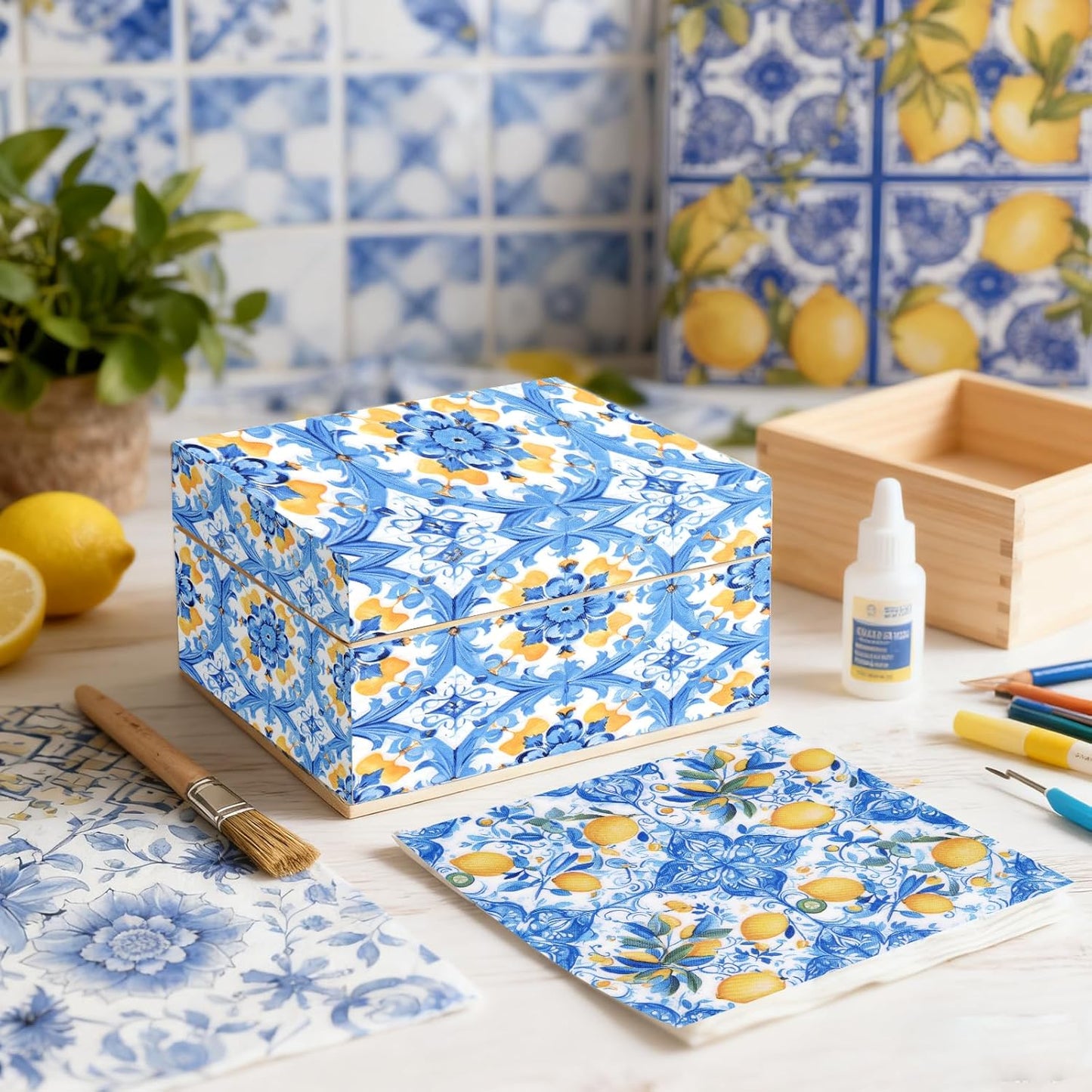 36pcs Mediterranean Decoupage Napkins – Mixed 9 Amalfi Coast Designs, 13x13 inch, Blue & Yellow Italian Lemon Tile Paper Napkins for Crafts, DIY, and Home Décor