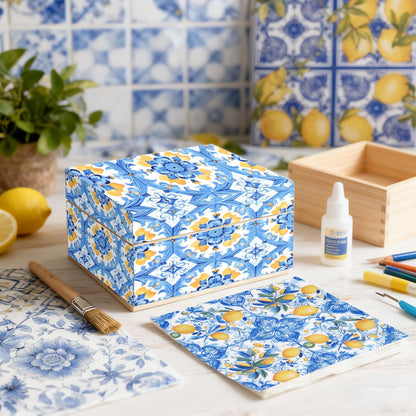 36pcs Mediterranean Decoupage Napkins – Mixed 9 Amalfi Coast Designs, 13x13 inch, Blue & Yellow Italian Lemon Tile Paper Napkins for Crafts, DIY, and Home Décor
