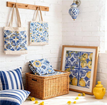 36pcs Mediterranean Decoupage Napkins – Mixed 9 Amalfi Coast Designs, 13x13 inch, Blue & Yellow Italian Lemon Tile Paper Napkins for Crafts, DIY, and Home Décor