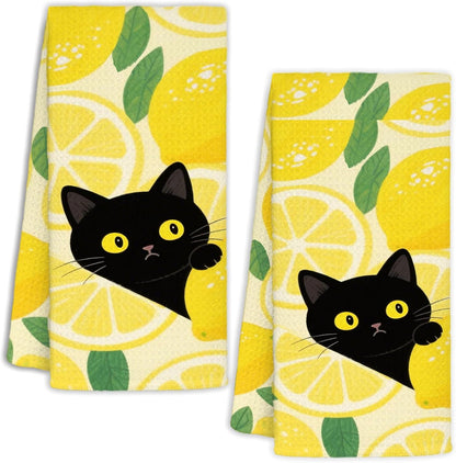 YPZBSJB Yellow Lemon Black Cat Kitchen Towels Set of 2, Farmhouse Summer Fruit Decorative Hand Towels for Bathroom, Cat Lovers Mom Gifts Dish Tea Towel for Kitchen, 16x24 Inch