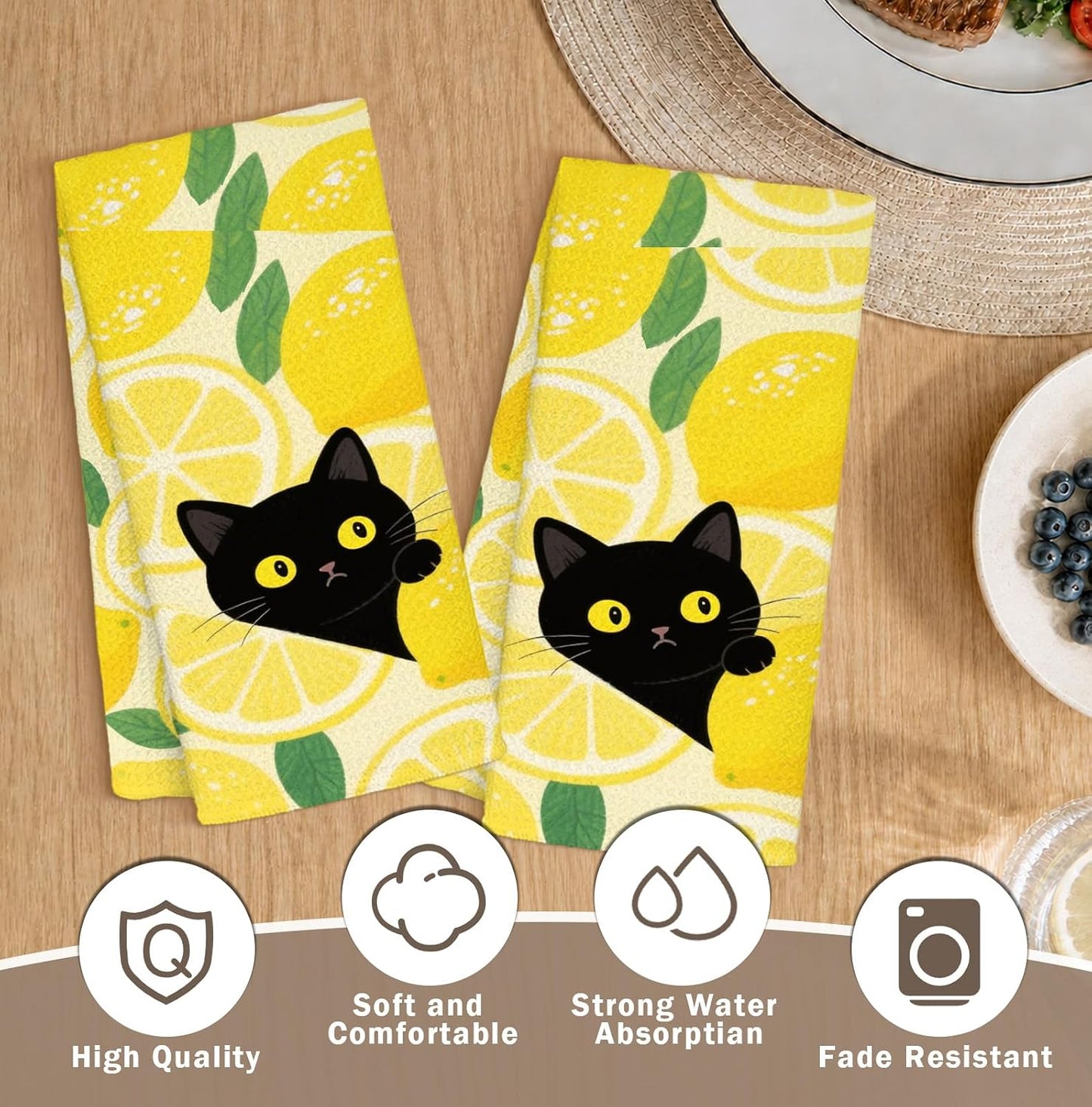 YPZBSJB Yellow Lemon Black Cat Kitchen Towels Set of 2, Farmhouse Summer Fruit Decorative Hand Towels for Bathroom, Cat Lovers Mom Gifts Dish Tea Towel for Kitchen, 16x24 Inch