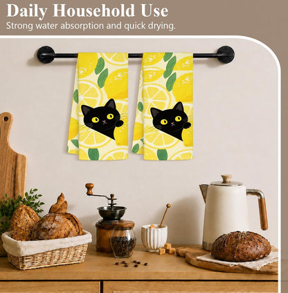YPZBSJB Yellow Lemon Black Cat Kitchen Towels Set of 2, Farmhouse Summer Fruit Decorative Hand Towels for Bathroom, Cat Lovers Mom Gifts Dish Tea Towel for Kitchen, 16x24 Inch