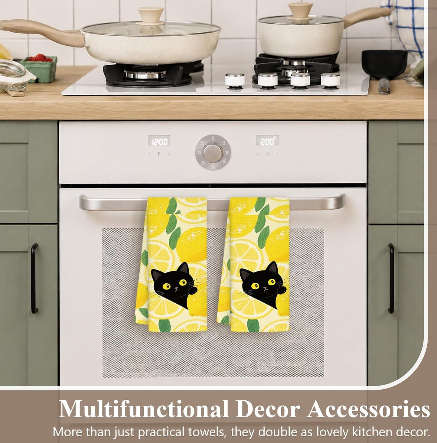 YPZBSJB Yellow Lemon Black Cat Kitchen Towels Set of 2, Farmhouse Summer Fruit Decorative Hand Towels for Bathroom, Cat Lovers Mom Gifts Dish Tea Towel for Kitchen, 16x24 Inch
