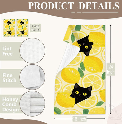 YPZBSJB Yellow Lemon Black Cat Kitchen Towels Set of 2, Farmhouse Summer Fruit Decorative Hand Towels for Bathroom, Cat Lovers Mom Gifts Dish Tea Towel for Kitchen, 16x24 Inch