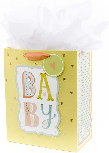 13" Large Baby Gift Bag with Tissue Paper (B-A-B-Y, Yellow)