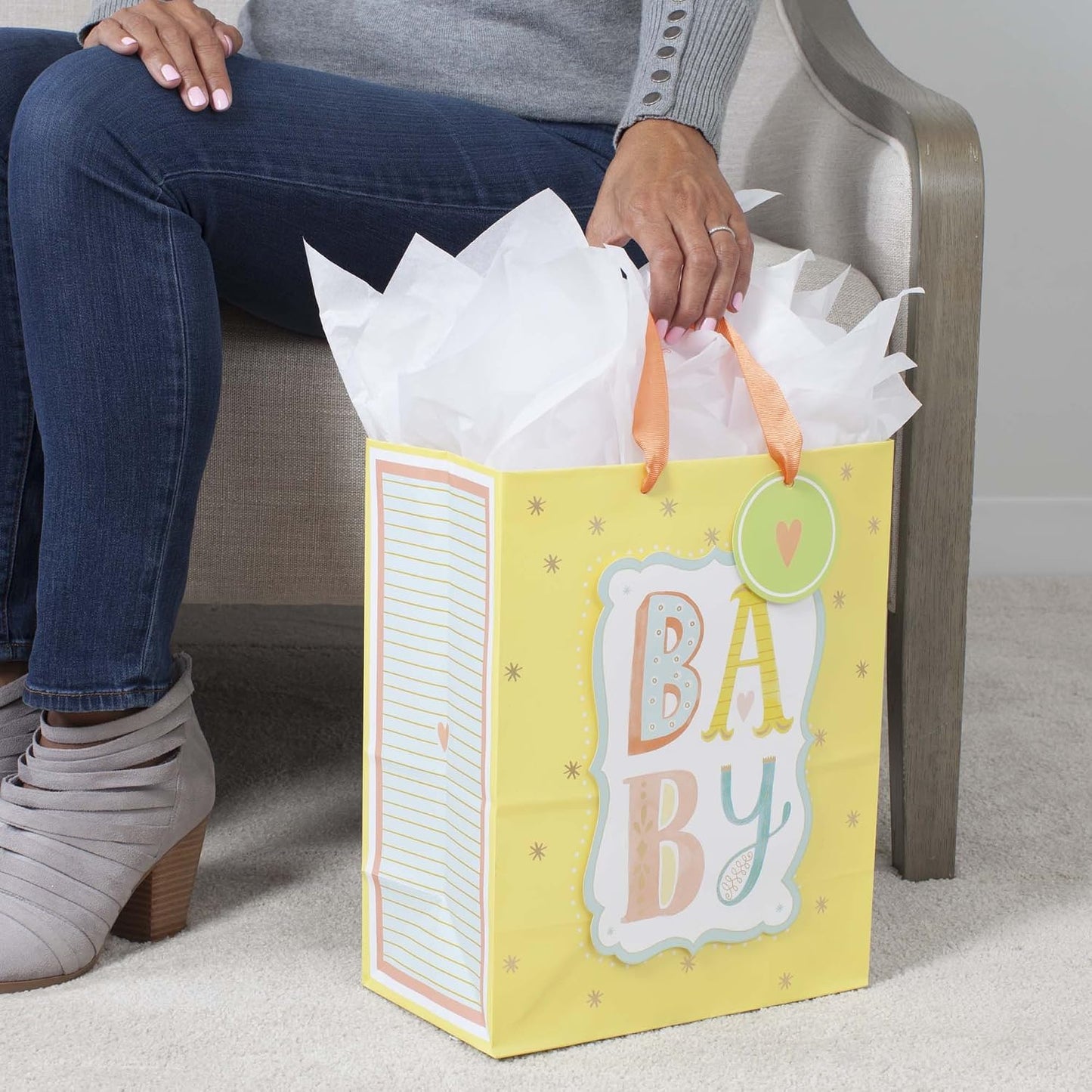 13" Large Baby Gift Bag with Tissue Paper (B-A-B-Y, Yellow)
