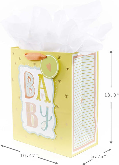 13" Large Baby Gift Bag with Tissue Paper (B-A-B-Y, Yellow)