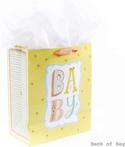 13" Large Baby Gift Bag with Tissue Paper (B-A-B-Y, Yellow)