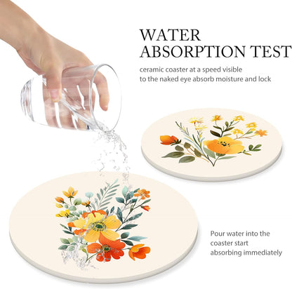 Boho Set of 6 Coasters for Drinks Absorbing Round Ceramic Stone Coaster with Cork Base,Tabletop Protection Mat for Mugs and Cups,Office,Kitchen (Yellow Flower)