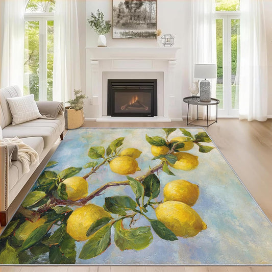 3x5 Lemon Rugs for Bedroom Decor, Washable Oil Painting Fruit Pattern Area Rug, Living Room Home Decoration, Non Slip Soft Thin, Fresh Plant Decor Carpet PF-P 20
