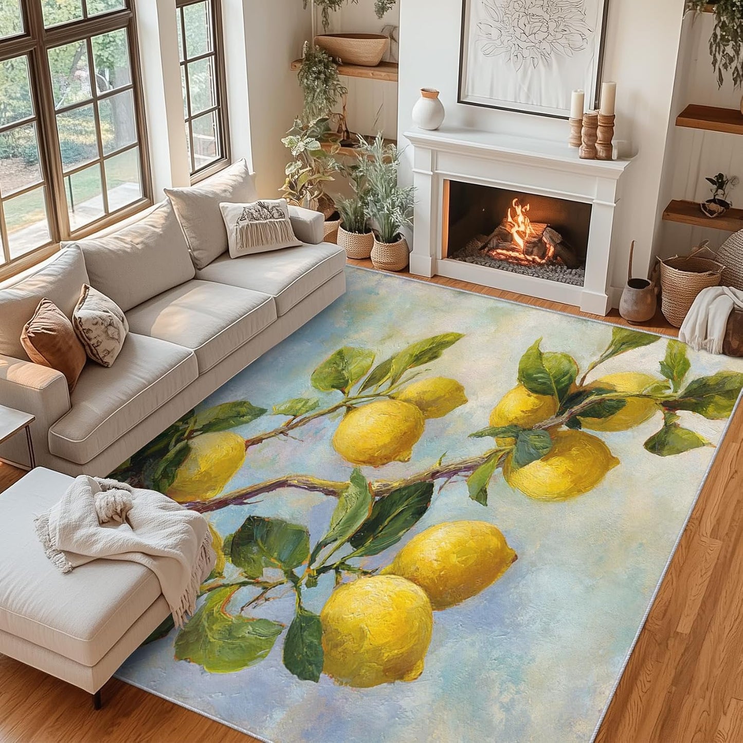 3x5 Lemon Rugs for Bedroom Decor, Washable Oil Painting Fruit Pattern Area Rug, Living Room Home Decoration, Non Slip Soft Thin, Fresh Plant Decor Carpet PF-P 20