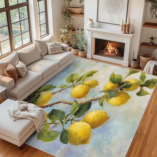 3x5 Lemon Rugs for Bedroom Decor, Washable Oil Painting Fruit Pattern Area Rug, Living Room Home Decoration, Non Slip Soft Thin, Fresh Plant Decor Carpet PF-P 20