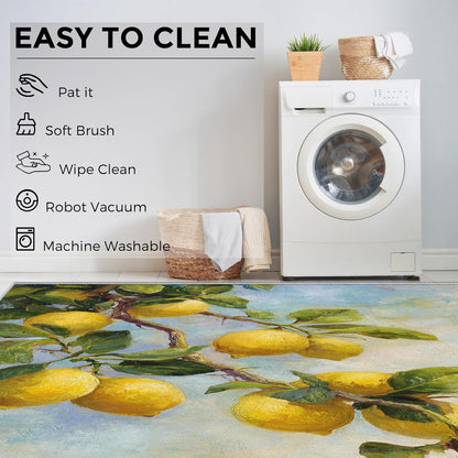 3x5 Lemon Rugs for Bedroom Decor, Washable Oil Painting Fruit Pattern Area Rug, Living Room Home Decoration, Non Slip Soft Thin, Fresh Plant Decor Carpet PF-P 20