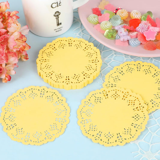 3.5inch Round Paper Lace Doilies Wedding Tableware Decoration,100pcs Yellow