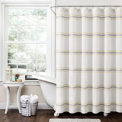 Farmhouse Stripe Cotton Shower Curtain, 72" W x 72" L, Yellow & Gray - Striped Bathroom Curtain - Fabric Shower Curtains - Farmhouse Bathroom Decor