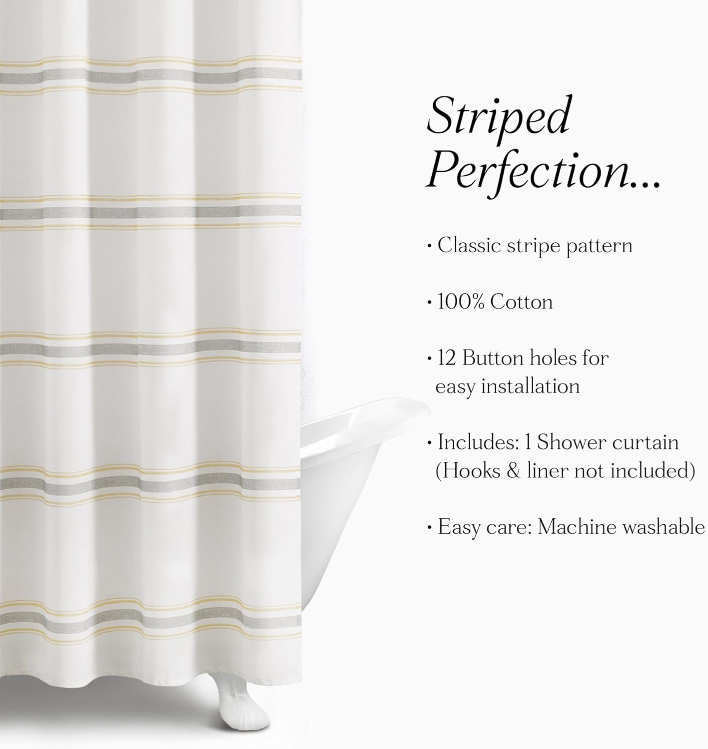 Farmhouse Stripe Cotton Shower Curtain, 72" W x 72" L, Yellow & Gray - Striped Bathroom Curtain - Fabric Shower Curtains - Farmhouse Bathroom Decor