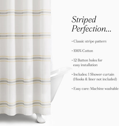 Farmhouse Stripe Cotton Shower Curtain, 72" W x 72" L, Yellow & Gray - Striped Bathroom Curtain - Fabric Shower Curtains - Farmhouse Bathroom Decor