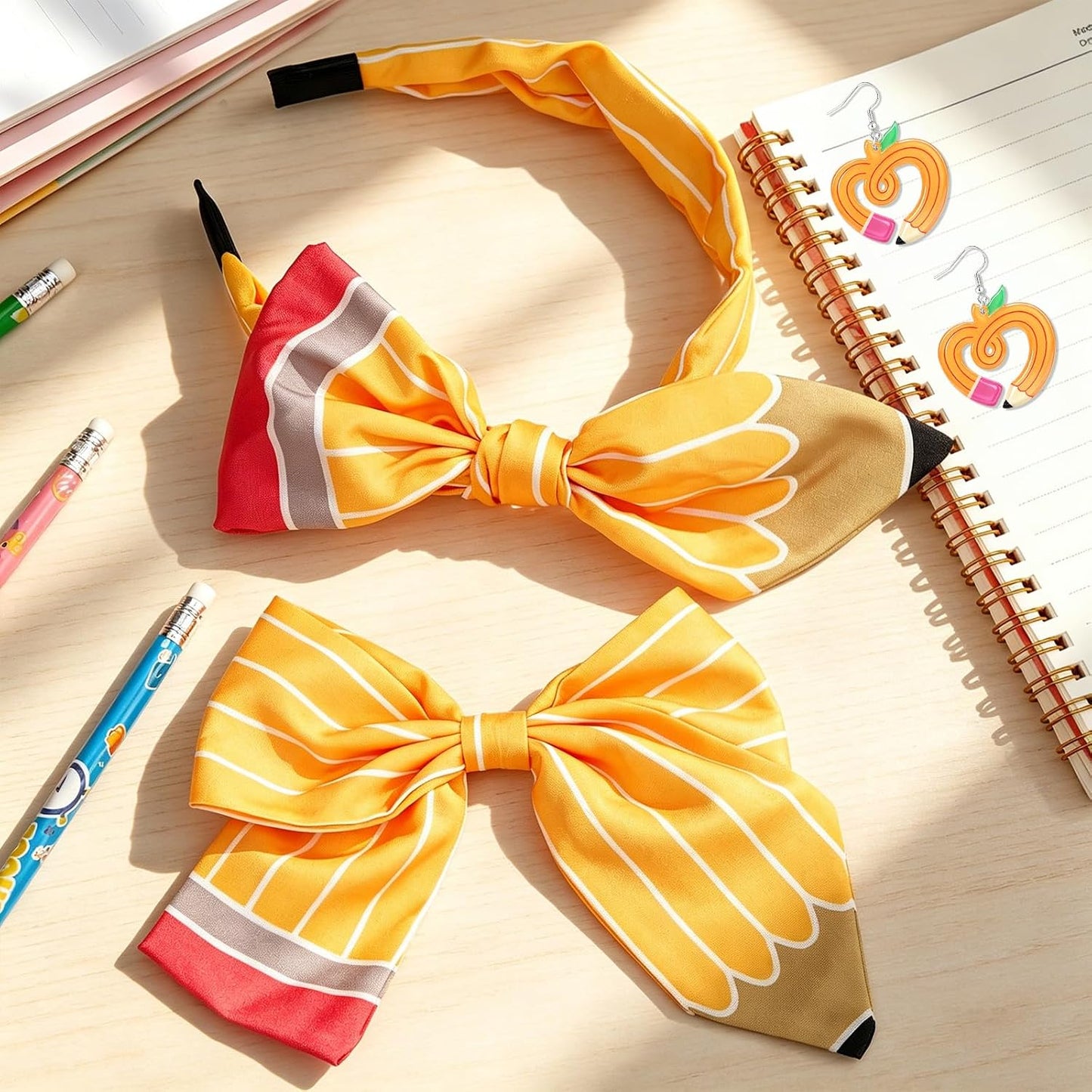 3Pcs Back to School Outfits Headbands,Hair Bows Accessories for Girls,Pencil Bows Clips Headband,Back to School Hair Accessories First Day of School Gifts for Students(Yellow)