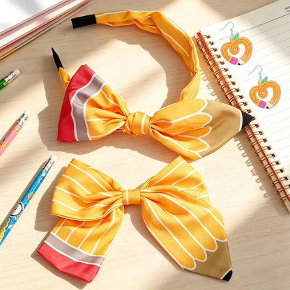 3Pcs Back to School Outfits Headbands,Hair Bows Accessories for Girls,Pencil Bows Clips Headband,Back to School Hair Accessories First Day of School Gifts for Students(Yellow)