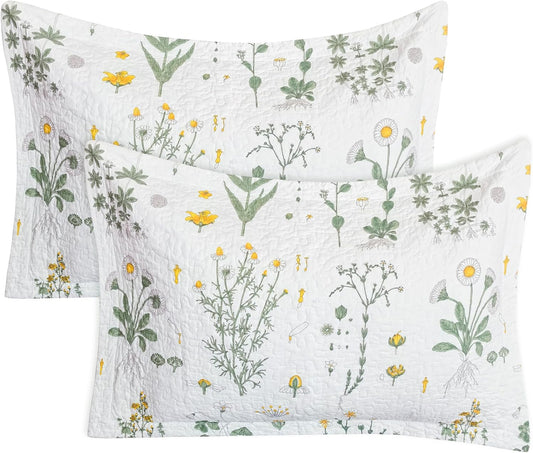 Sanracie Cotton Standard Pillow Shams 20"x26", Embroidery Pattern Quilted Pillow Covers Standard Size Soft Breathable Pillow Cases, Yellow Flowers, 2 Pcs