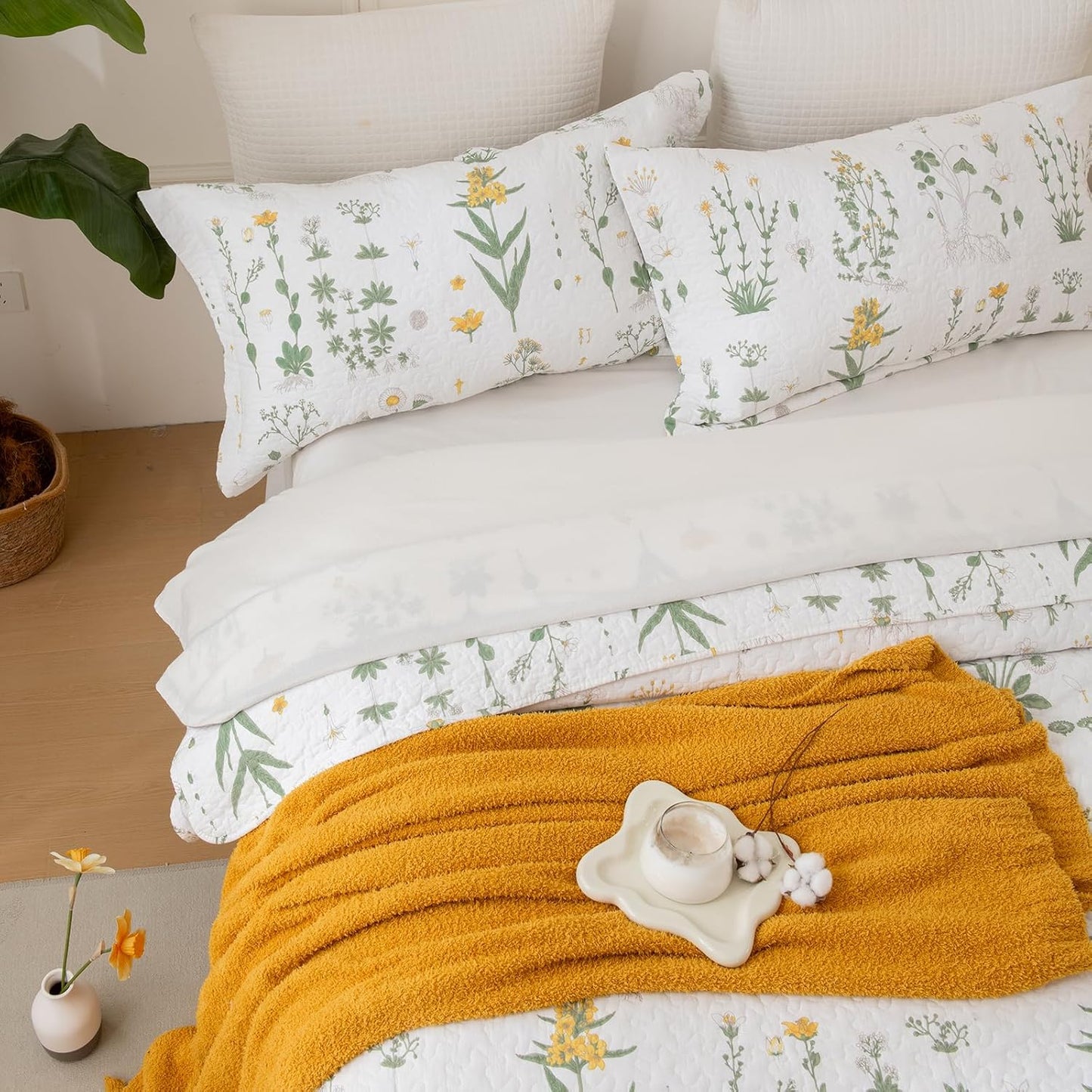 Sanracie Cotton Standard Pillow Shams 20"x26", Embroidery Pattern Quilted Pillow Covers Standard Size Soft Breathable Pillow Cases, Yellow Flowers, 2 Pcs