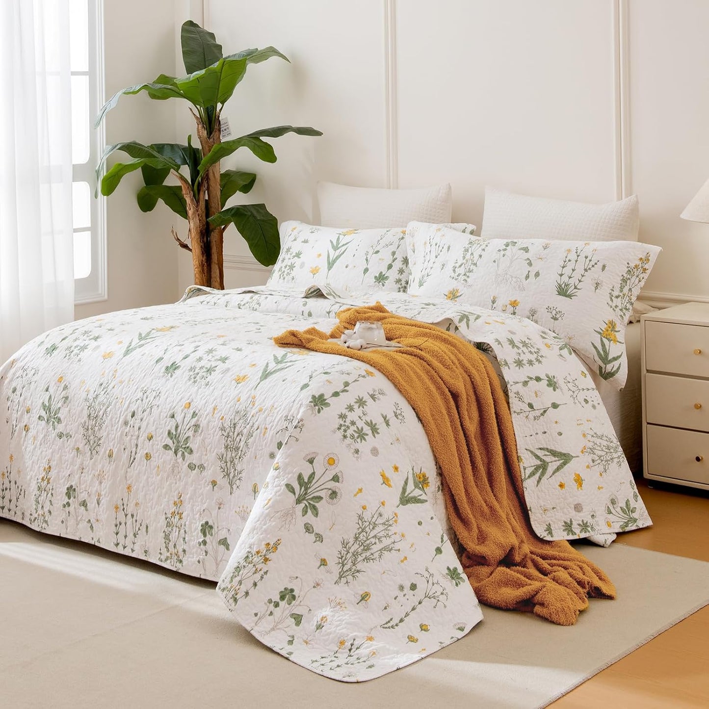 Sanracie Cotton Standard Pillow Shams 20"x26", Embroidery Pattern Quilted Pillow Covers Standard Size Soft Breathable Pillow Cases, Yellow Flowers, 2 Pcs