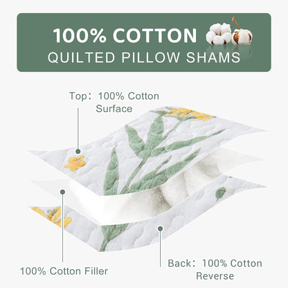 Sanracie Cotton Standard Pillow Shams 20"x26", Embroidery Pattern Quilted Pillow Covers Standard Size Soft Breathable Pillow Cases, Yellow Flowers, 2 Pcs