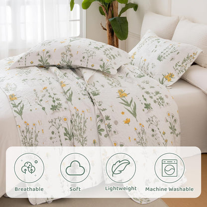 Sanracie Cotton Standard Pillow Shams 20"x26", Embroidery Pattern Quilted Pillow Covers Standard Size Soft Breathable Pillow Cases, Yellow Flowers, 2 Pcs