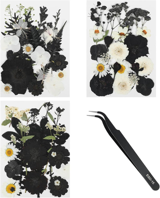 69Pcs Halloween Dried Pressed Flowers for Resin Molds, Bulk Real Natural Dry Floral for DIY Art Crafts, Candle, Soap Making, Phone Case，Nails Decor （Black&White）