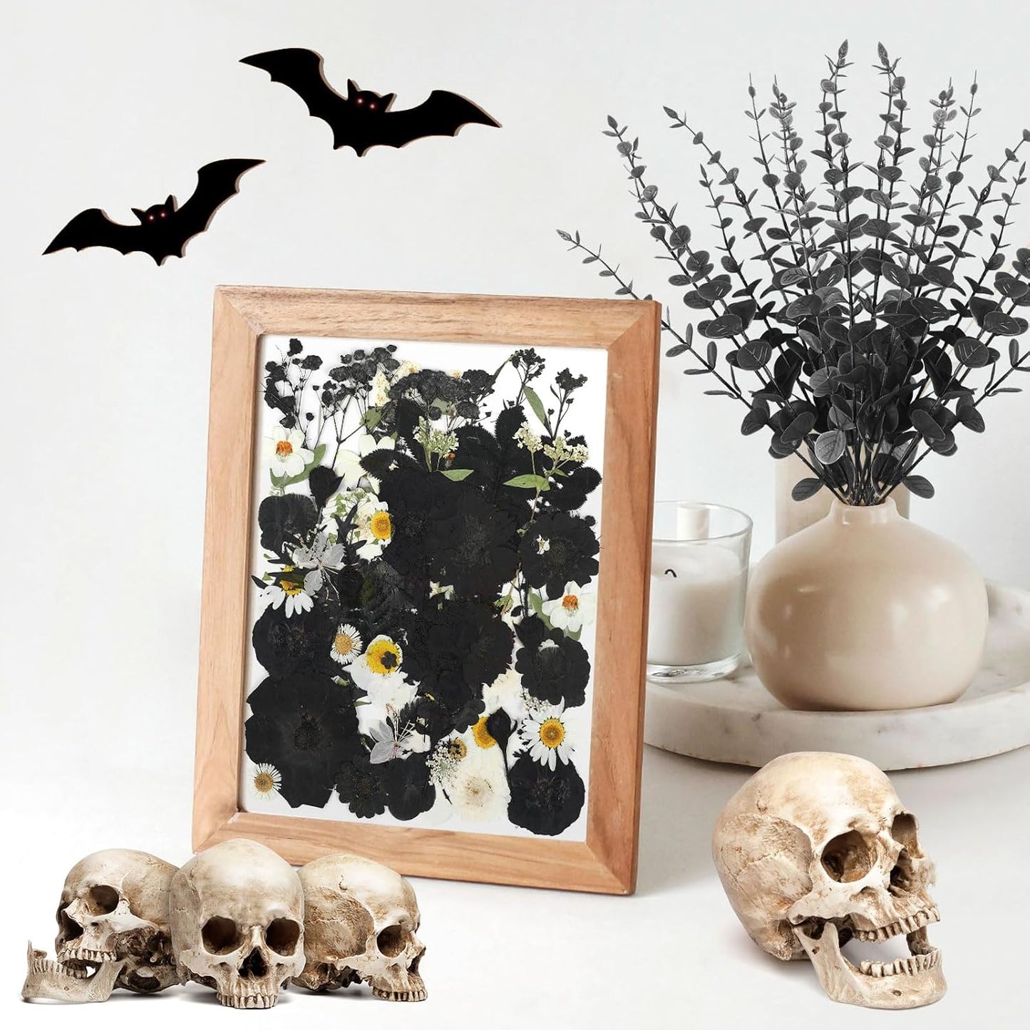 69Pcs Halloween Dried Pressed Flowers for Resin Molds, Bulk Real Natural Dry Floral for DIY Art Crafts, Candle, Soap Making, Phone Case，Nails Decor （Black&White）