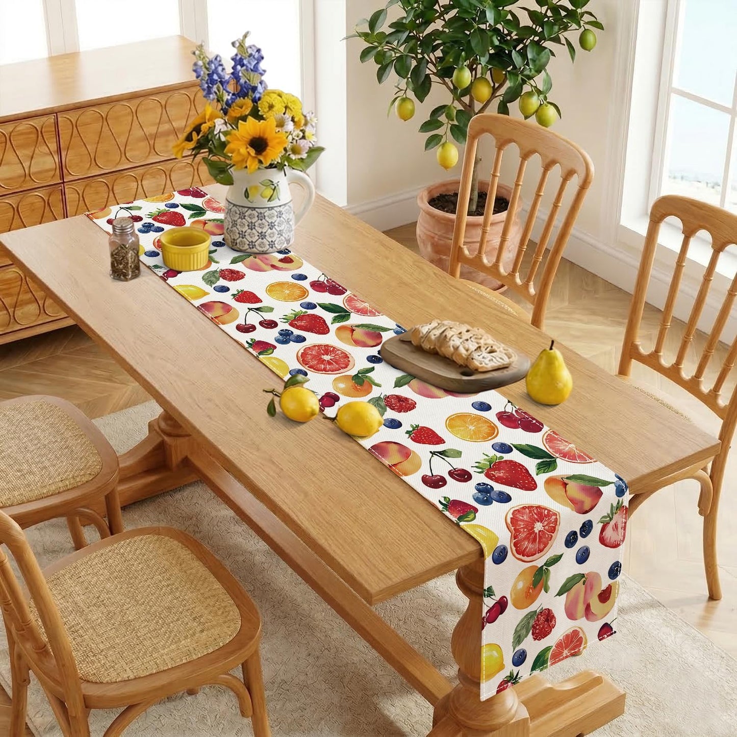 Summer Strawberry Blueberry Cherry Orange Fruits Summer Table Runner, Seasonal Spring Summer Lemon Indoor Outdoor Home Decor Party Supply (13 x 36 inch)