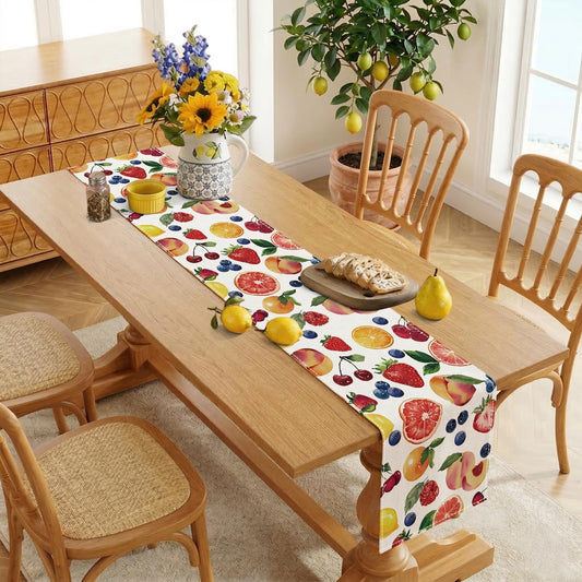 Summer Strawberry Blueberry Cherry Orange Fruits Summer Table Runner, Seasonal Spring Summer Lemon Indoor Outdoor Home Decor Party Supply (13 x 36 inch)