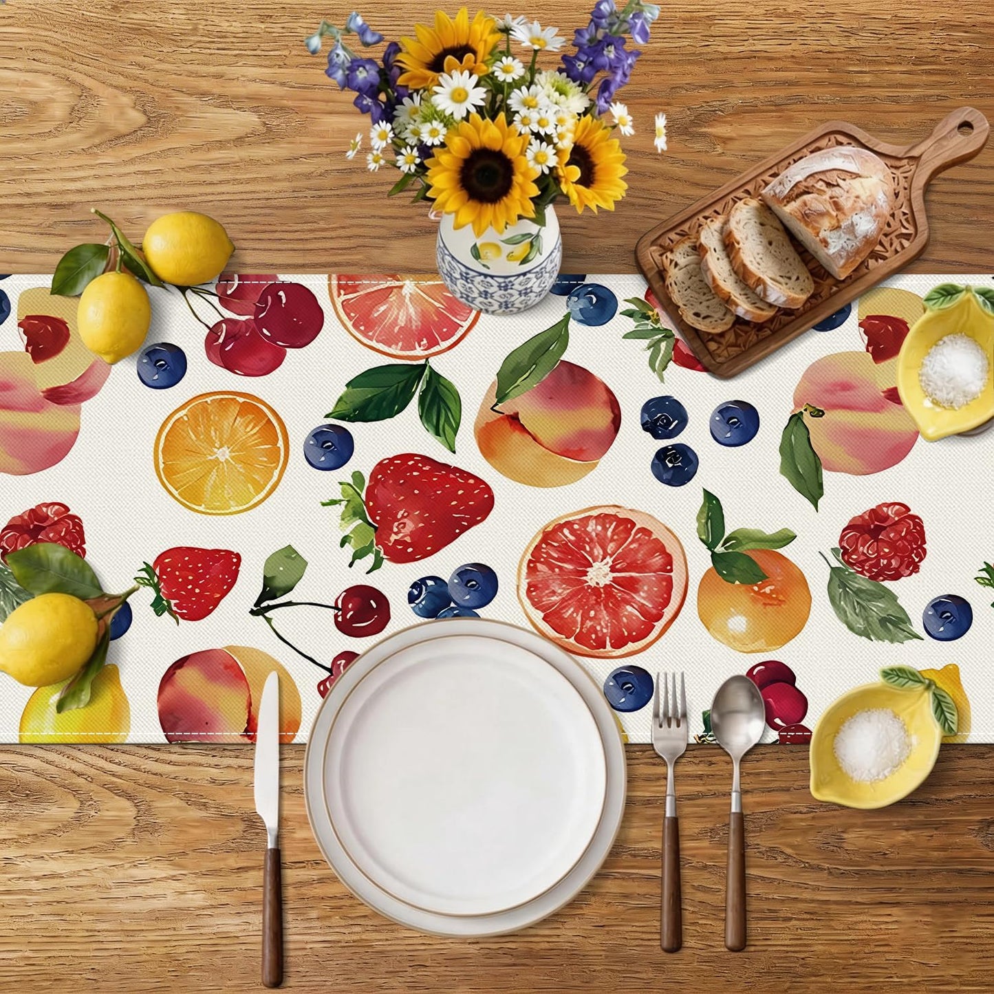 Summer Strawberry Blueberry Cherry Orange Fruits Summer Table Runner, Seasonal Spring Summer Lemon Indoor Outdoor Home Decor Party Supply (13 x 36 inch)
