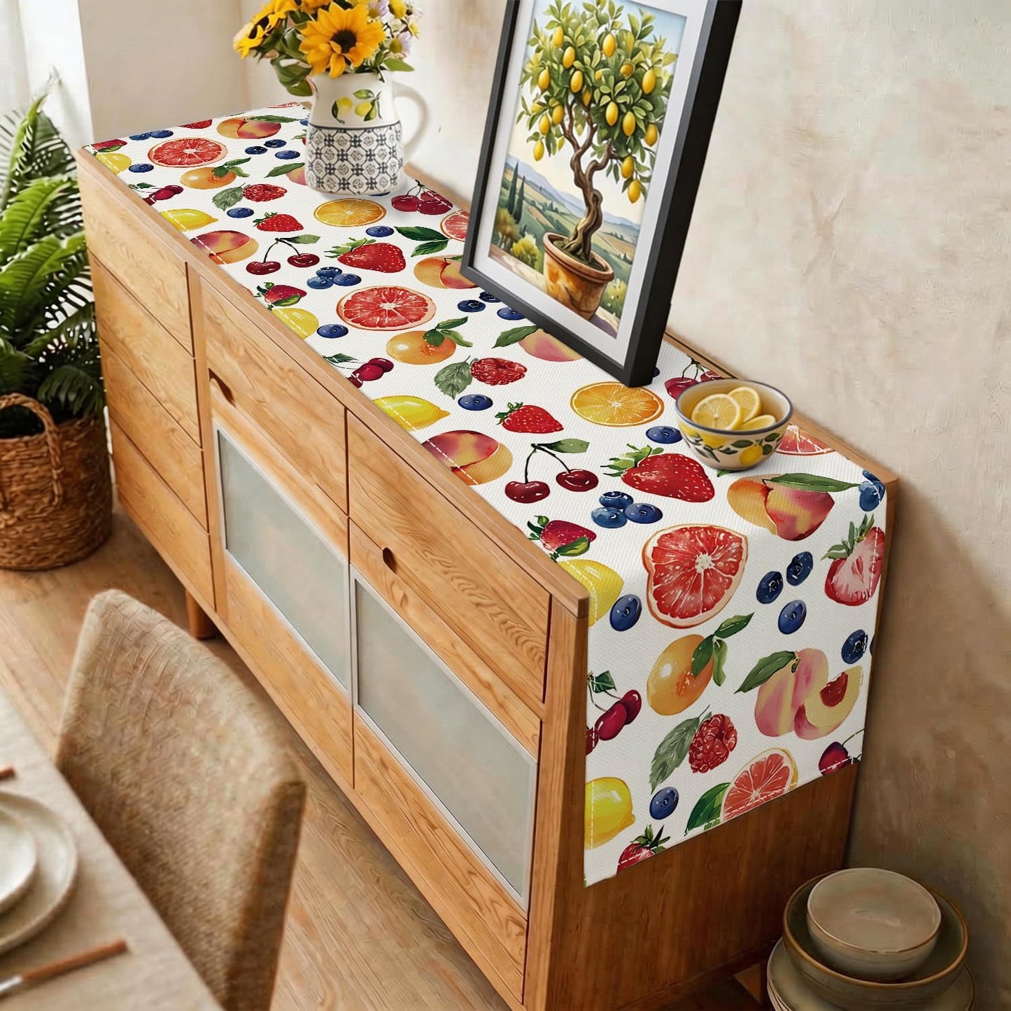 Summer Strawberry Blueberry Cherry Orange Fruits Summer Table Runner, Seasonal Spring Summer Lemon Indoor Outdoor Home Decor Party Supply (13 x 36 inch)