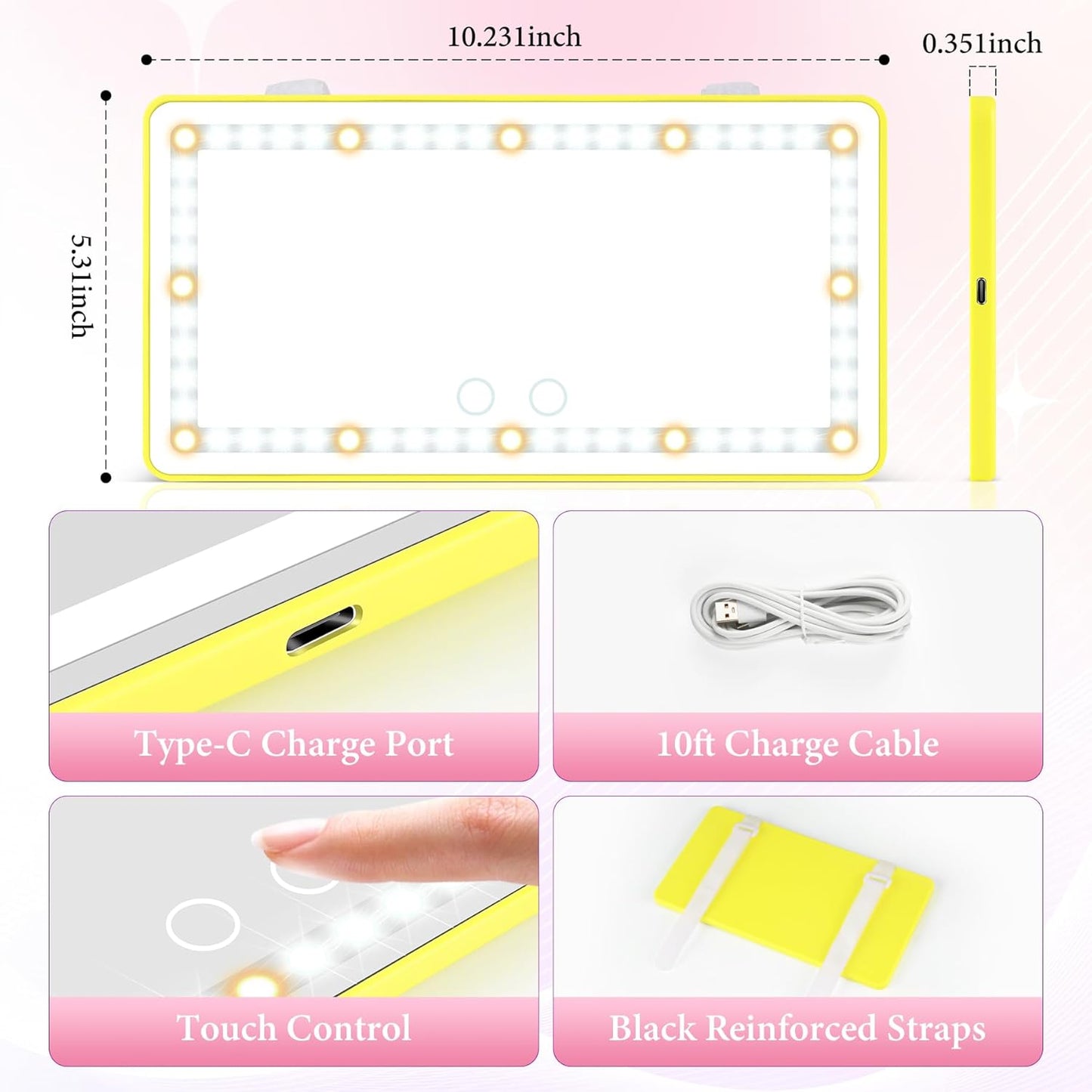 Car Sun Visor Vanity Mirror - Rechargeable Makeup Mirror with 60 LEDs, 3 Light Modes & Dimmable Touch Control for Cars, Trucks, SUVs, Car Interior Accessories for Women (Yellow)