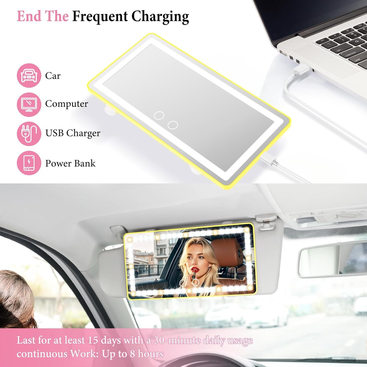 Car Sun Visor Vanity Mirror - Rechargeable Makeup Mirror with 60 LEDs, 3 Light Modes & Dimmable Touch Control for Cars, Trucks, SUVs, Car Interior Accessories for Women (Yellow)