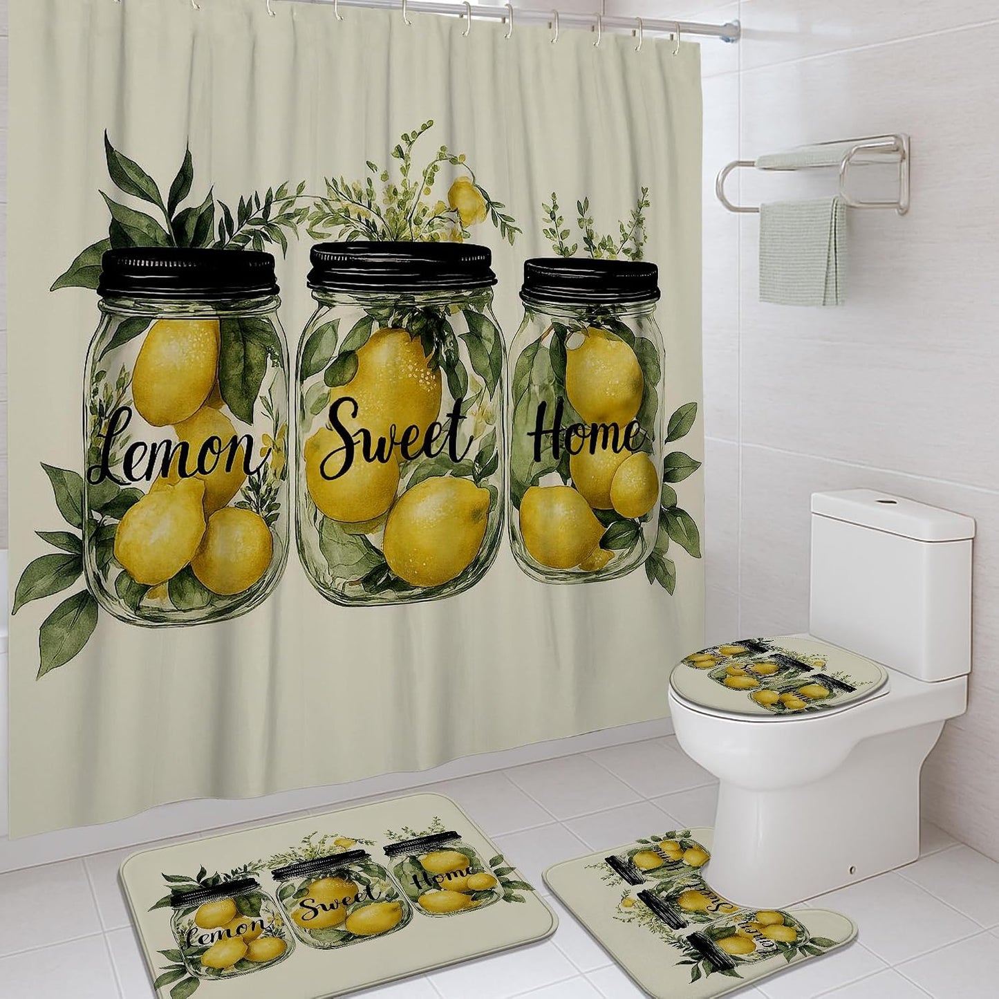 4Pcs Lemon Themed Shower Curtain Set, Yellow Green Fruit Bath Mat Rugs Accessories for Bathroom Decor, Summer Modern Waterproof Fabric Shower Curtain Set with Hooks 72x72 Inch