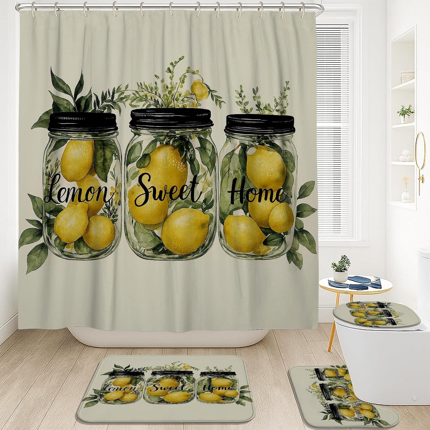 4Pcs Lemon Themed Shower Curtain Set, Yellow Green Fruit Bath Mat Rugs Accessories for Bathroom Decor, Summer Modern Waterproof Fabric Shower Curtain Set with Hooks 72x72 Inch