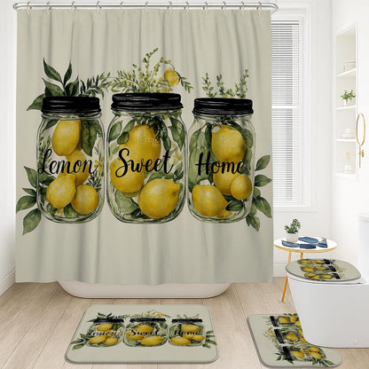 4Pcs Lemon Themed Shower Curtain Set, Yellow Green Fruit Bath Mat Rugs Accessories for Bathroom Decor, Summer Modern Waterproof Fabric Shower Curtain Set with Hooks 72x72 Inch