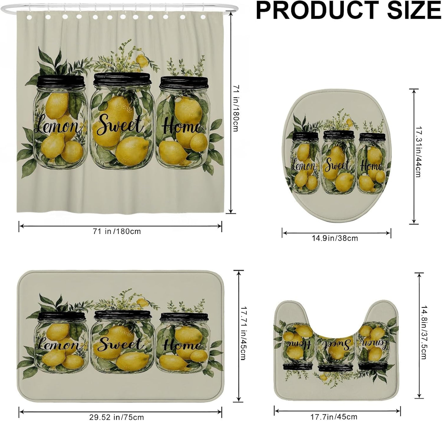 4Pcs Lemon Themed Shower Curtain Set, Yellow Green Fruit Bath Mat Rugs Accessories for Bathroom Decor, Summer Modern Waterproof Fabric Shower Curtain Set with Hooks 72x72 Inch