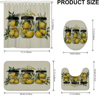 4Pcs Lemon Themed Shower Curtain Set, Yellow Green Fruit Bath Mat Rugs Accessories for Bathroom Decor, Summer Modern Waterproof Fabric Shower Curtain Set with Hooks 72x72 Inch