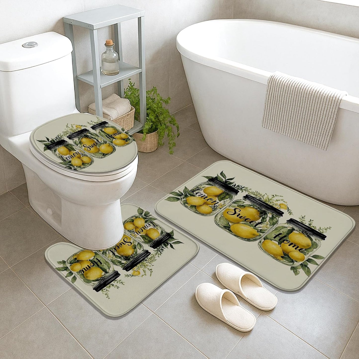 4Pcs Lemon Themed Shower Curtain Set, Yellow Green Fruit Bath Mat Rugs Accessories for Bathroom Decor, Summer Modern Waterproof Fabric Shower Curtain Set with Hooks 72x72 Inch