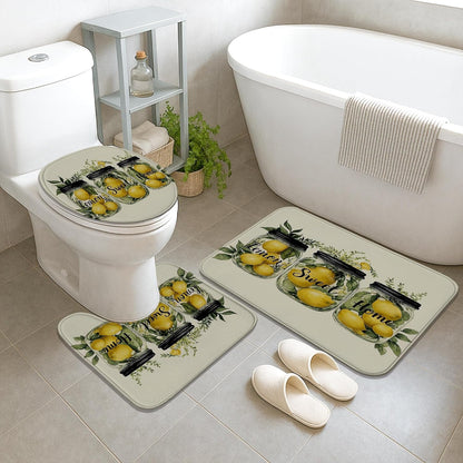 4Pcs Lemon Themed Shower Curtain Set, Yellow Green Fruit Bath Mat Rugs Accessories for Bathroom Decor, Summer Modern Waterproof Fabric Shower Curtain Set with Hooks 72x72 Inch
