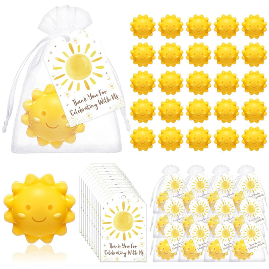 36 Set Sun Soaps Baby Shower Favors Here Comes The Sun Gifts Mini Handmade Soaps with Paper Tags and Organza Bag for Gender Reveal Birthday Wedding Sunshine Party Decor(Yellow)