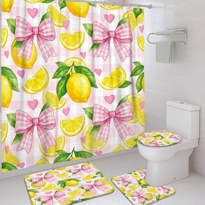 Lemon Shower Curtain Sets, Summer Fanciful Bow Leaf Summer Yellow Polyester Waterproof Bathroom Bathtub Shower Curtain Sets with Rugs Decorative for Toile Guest Room 72x72 Inch