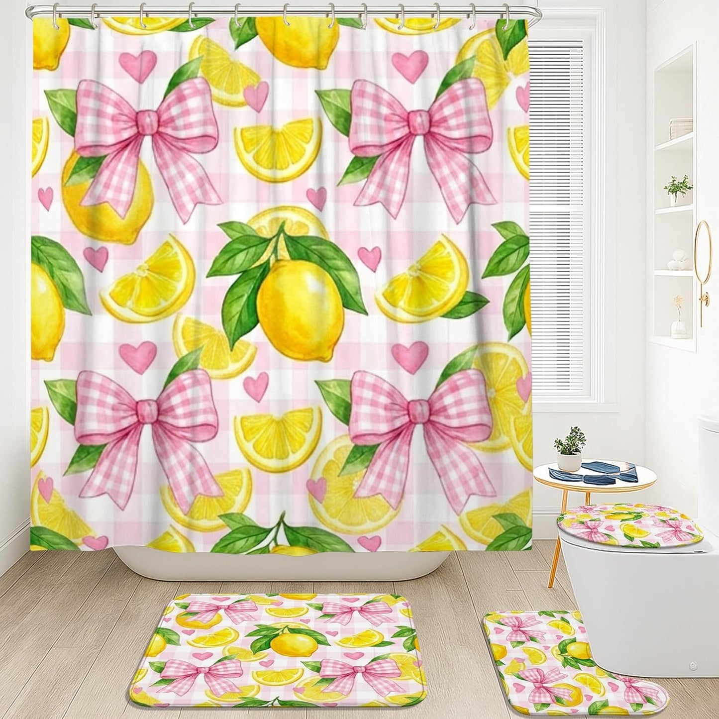 Lemon Shower Curtain Sets, Summer Fanciful Bow Leaf Summer Yellow Polyester Waterproof Bathroom Bathtub Shower Curtain Sets with Rugs Decorative for Toile Guest Room 72x72 Inch