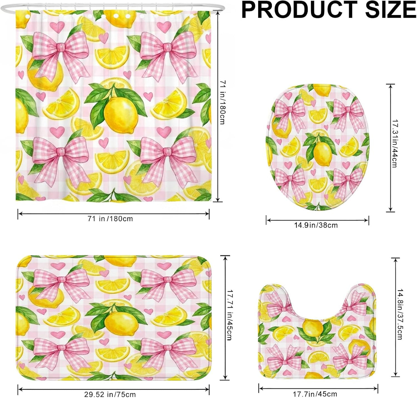 Lemon Shower Curtain Sets, Summer Fanciful Bow Leaf Summer Yellow Polyester Waterproof Bathroom Bathtub Shower Curtain Sets with Rugs Decorative for Toile Guest Room 72x72 Inch